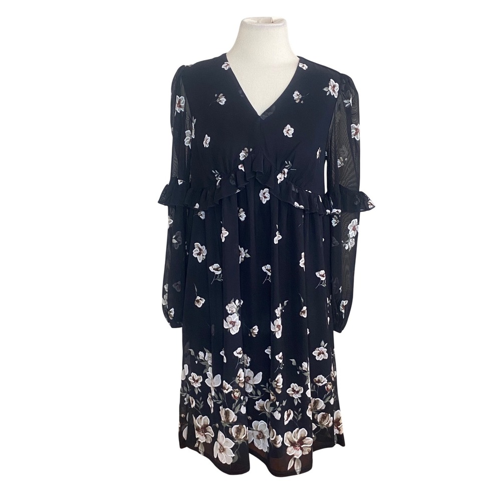Ember dress Sz S  Black Floral V-Neck Babydoll Ruffle Sheer Sleeves‎ Whimsigoth